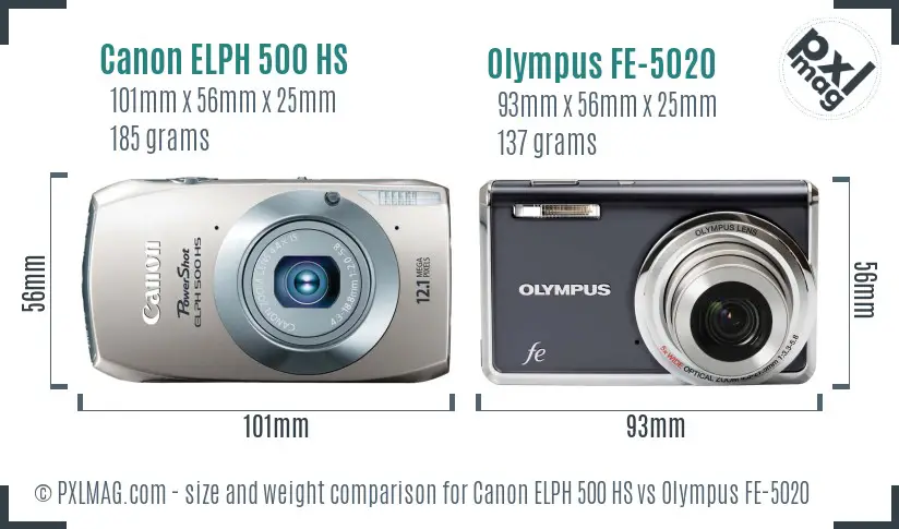 Canon ELPH 500 HS vs Olympus FE-5020 size comparison