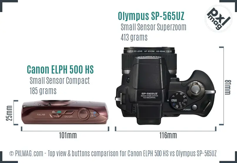 Canon ELPH 500 HS vs Olympus SP-565UZ top view buttons comparison