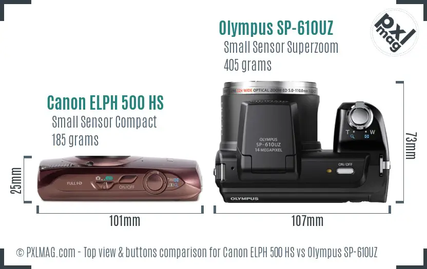 Canon ELPH 500 HS vs Olympus SP-610UZ top view buttons comparison