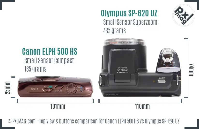 Canon ELPH 500 HS vs Olympus SP-620 UZ top view buttons comparison