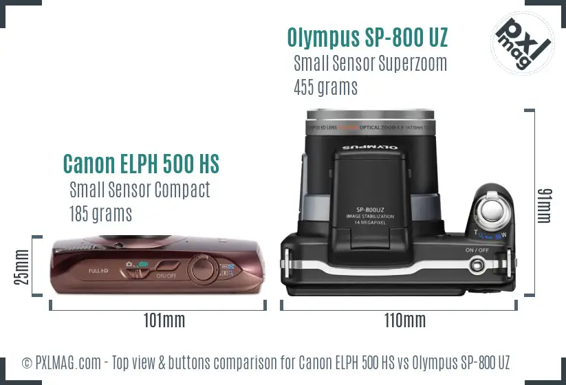 Canon ELPH 500 HS vs Olympus SP-800 UZ top view buttons comparison