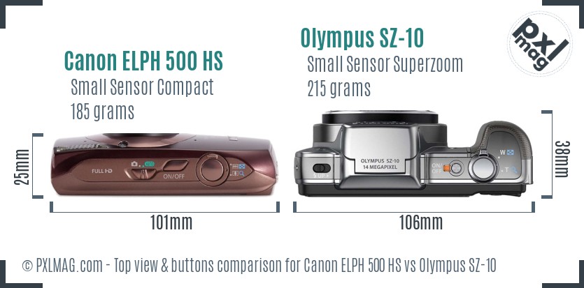 Canon ELPH 500 HS vs Olympus SZ-10 top view buttons comparison