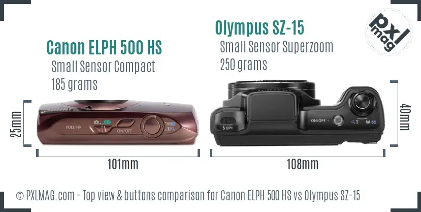 Canon ELPH 500 HS vs Olympus SZ-15 top view buttons comparison Canon ELPH 500 HS vs Olympus SZ-15 top view buttons comparison