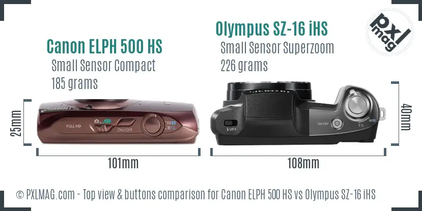 Canon ELPH 500 HS vs Olympus SZ-16 iHS top view buttons comparison Canon ELPH 500 HS vs Olympus SZ-16 iHS top view buttons comparison