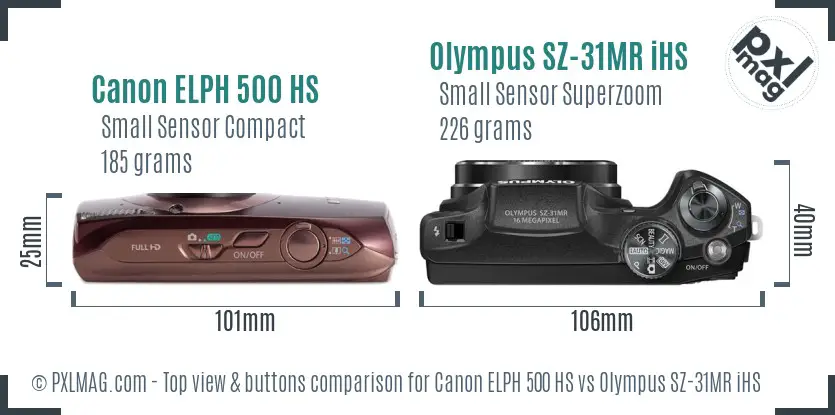 Canon ELPH 500 HS vs Olympus SZ-31MR iHS top view buttons comparison Canon ELPH 500 HS vs Olympus SZ-31MR iHS top view buttons comparison