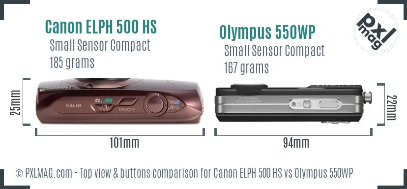 Canon ELPH 500 HS vs Olympus 550WP top view buttons comparison