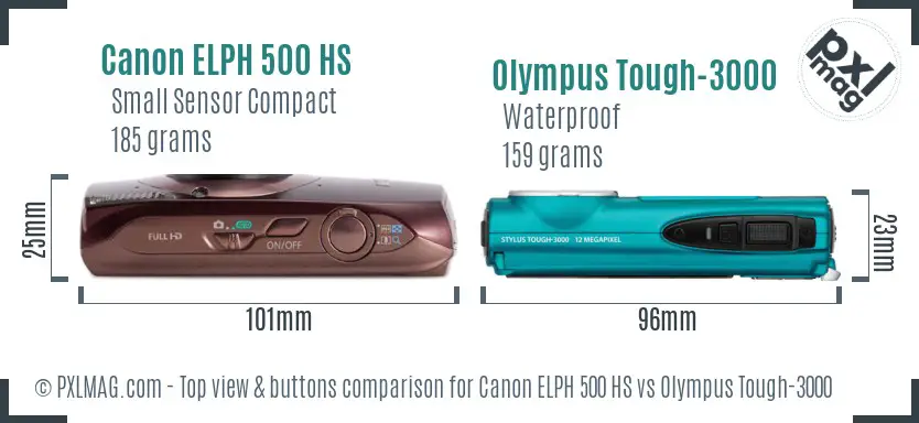 Canon ELPH 500 HS vs Olympus Tough-3000 top view buttons comparison