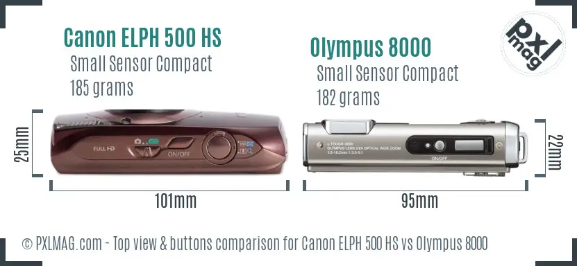 Canon ELPH 500 HS vs Olympus 8000 top view buttons comparison Canon ELPH 500 HS vs Olympus 8000 top view buttons comparison