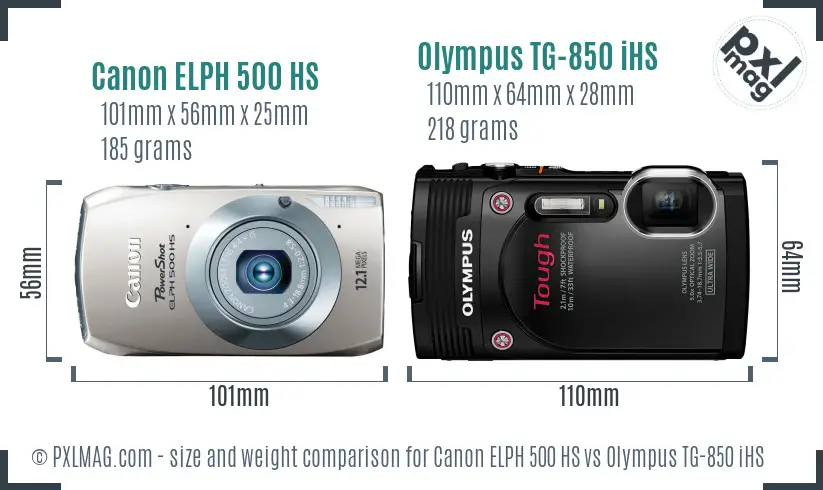 Canon ELPH 500 HS vs Olympus TG-850 iHS size comparison