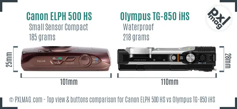 Canon ELPH 500 HS vs Olympus TG-850 iHS top view buttons comparison