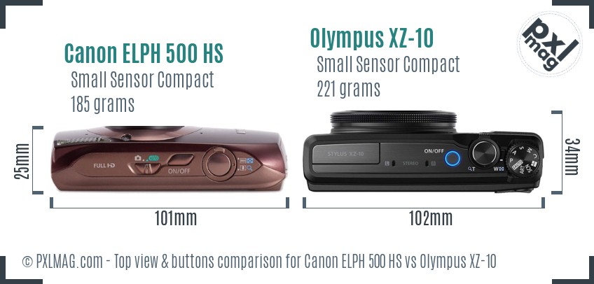 Canon ELPH 500 HS vs Olympus XZ-10 top view buttons comparison
