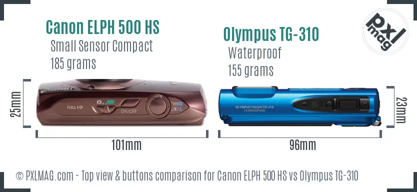Canon ELPH 500 HS vs Olympus TG-310 top view buttons comparison