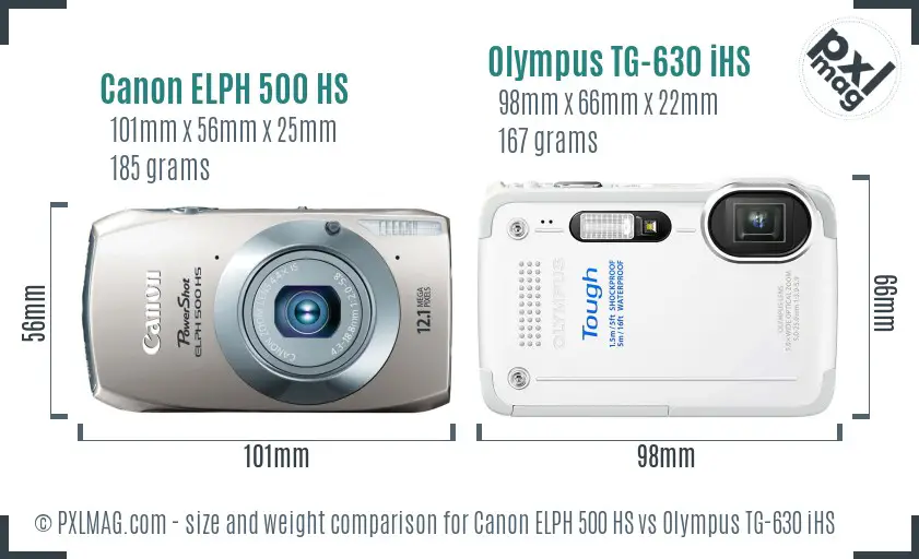 Canon ELPH 500 HS vs Olympus TG-630 iHS size comparison