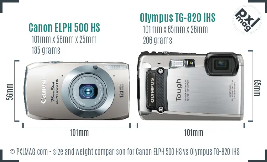 Canon ELPH 500 HS vs Olympus TG-820 iHS size comparison Canon ELPH 500 HS vs Olympus TG-820 iHS size comparison
