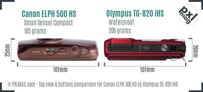Canon ELPH 500 HS vs Olympus TG-820 iHS top view buttons comparison Canon ELPH 500 HS vs Olympus TG-820 iHS top view buttons comparison