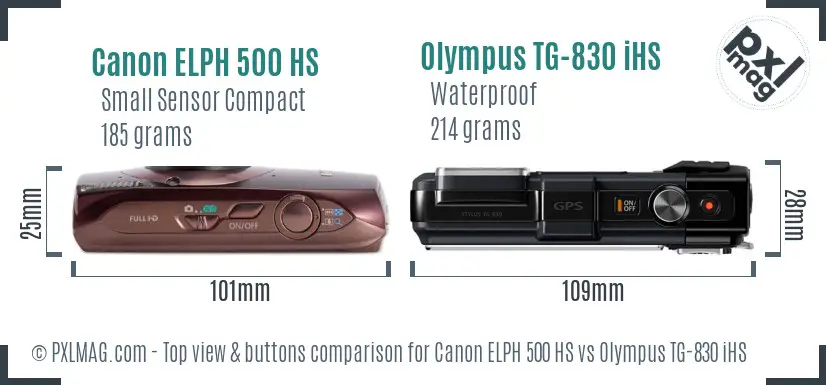 Canon ELPH 500 HS vs Olympus TG-830 iHS top view buttons comparison