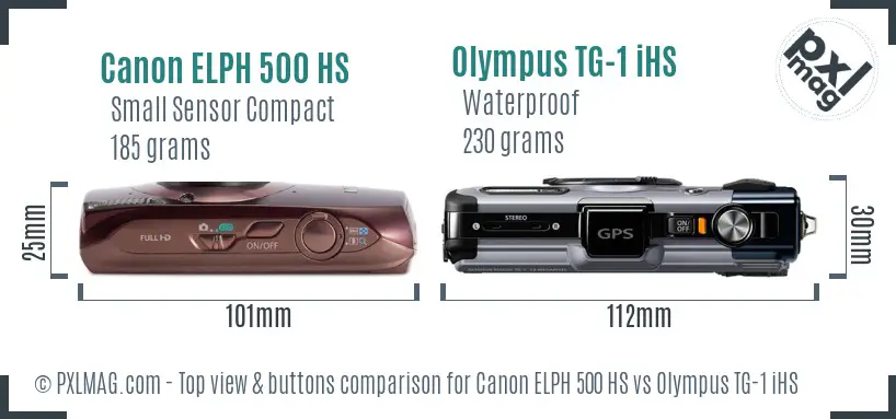 Canon ELPH 500 HS vs Olympus TG-1 iHS top view buttons comparison