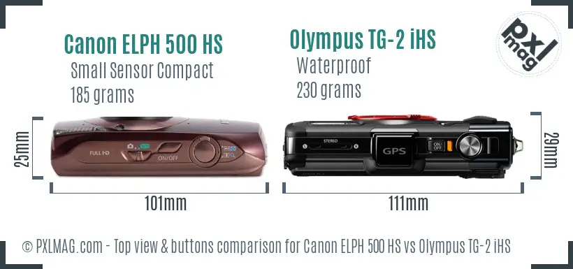 Canon ELPH 500 HS vs Olympus TG-2 iHS top view buttons comparison