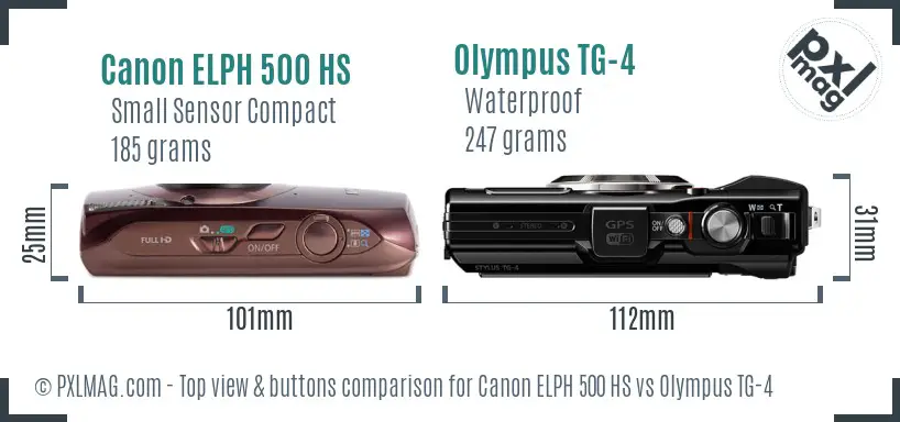 Canon ELPH 500 HS vs Olympus TG-4 top view buttons comparison