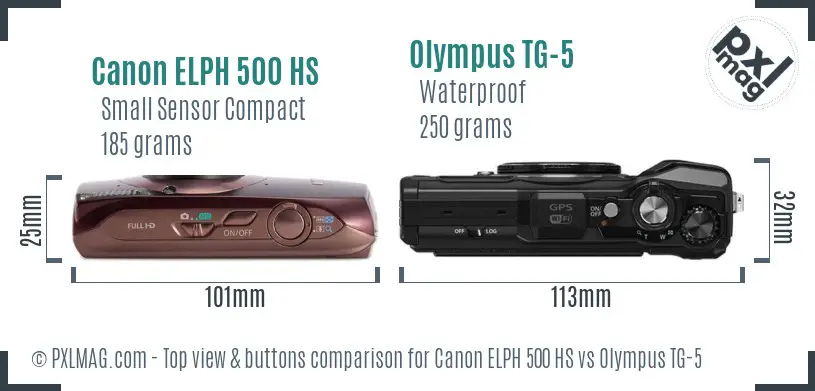 Canon ELPH 500 HS vs Olympus TG-5 top view buttons comparison