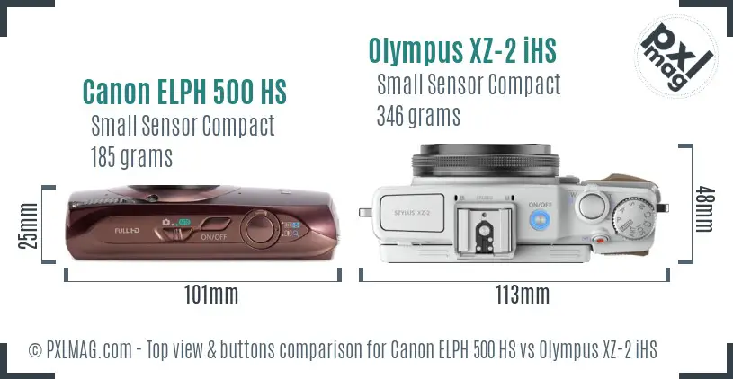 Canon ELPH 500 HS vs Olympus XZ-2 iHS top view buttons comparison