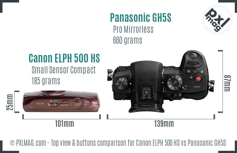 Canon ELPH 500 HS vs Panasonic GH5S top view buttons comparison