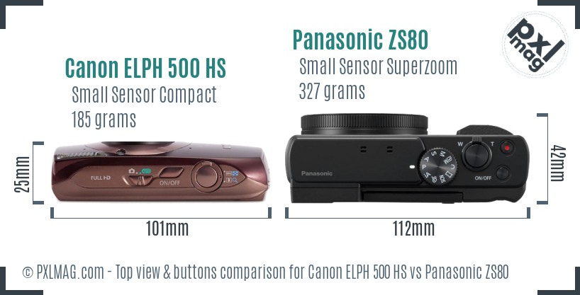 Canon ELPH 500 HS vs Panasonic ZS80 top view buttons comparison