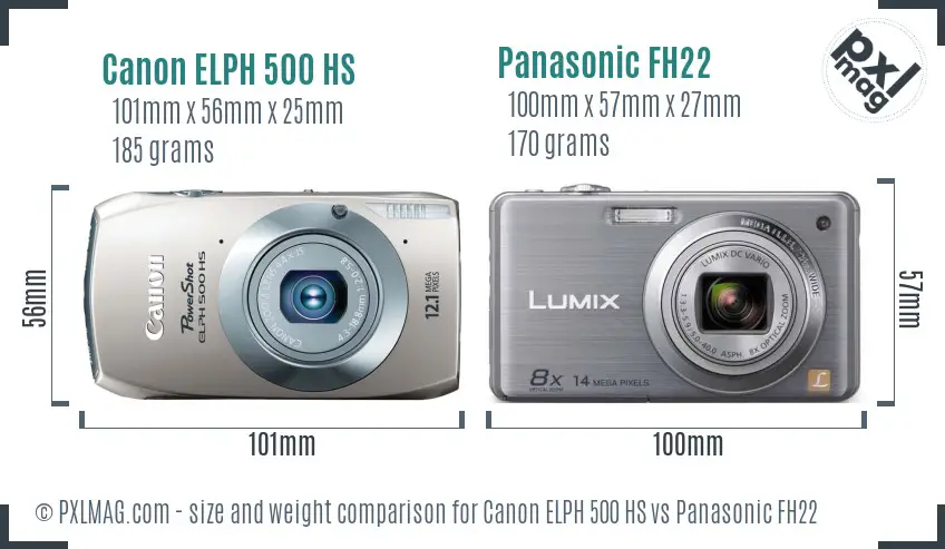 Canon ELPH 500 HS vs Panasonic FH22 size comparison