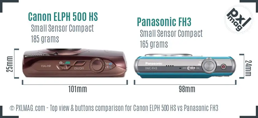 Canon ELPH 500 HS vs Panasonic FH3 top view buttons comparison