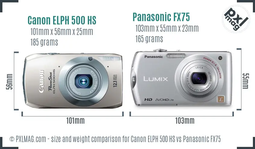 Canon ELPH 500 HS vs Panasonic FX75 size comparison Canon ELPH 500 HS vs Panasonic FX75 size comparison