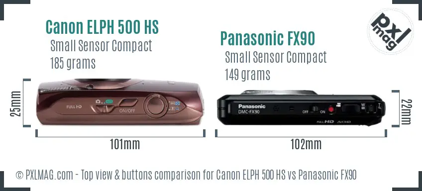 Canon ELPH 500 HS vs Panasonic FX90 top view buttons comparison Canon ELPH 500 HS vs Panasonic FX90 top view buttons comparison