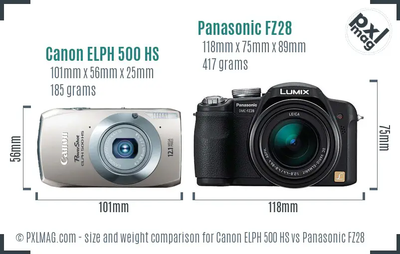 Canon ELPH 500 HS vs Panasonic FZ28 size comparison Canon ELPH 500 HS vs Panasonic FZ28 size comparison