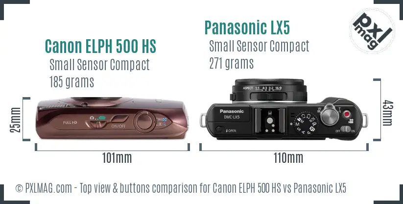 Canon ELPH 500 HS vs Panasonic LX5 top view buttons comparison Canon ELPH 500 HS vs Panasonic LX5 top view buttons comparison