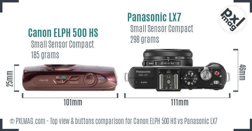 Canon ELPH 500 HS vs Panasonic LX7 top view buttons comparison