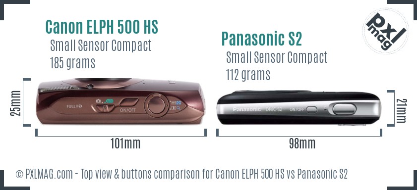Canon ELPH 500 HS vs Panasonic S2 top view buttons comparison