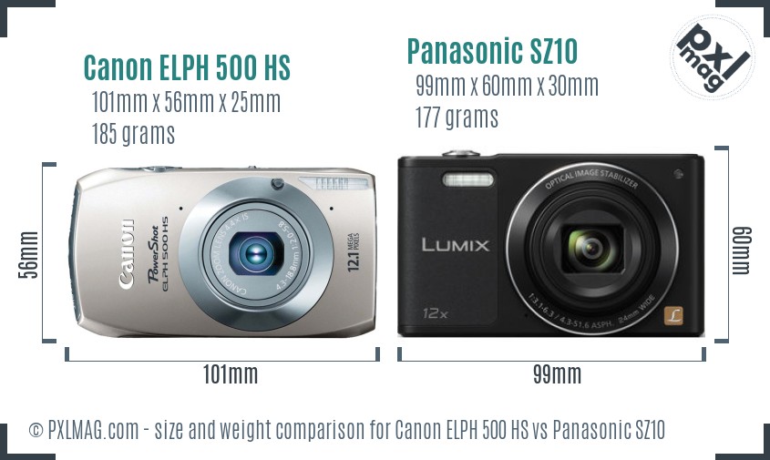 Canon ELPH 500 HS vs Panasonic SZ10 size comparison