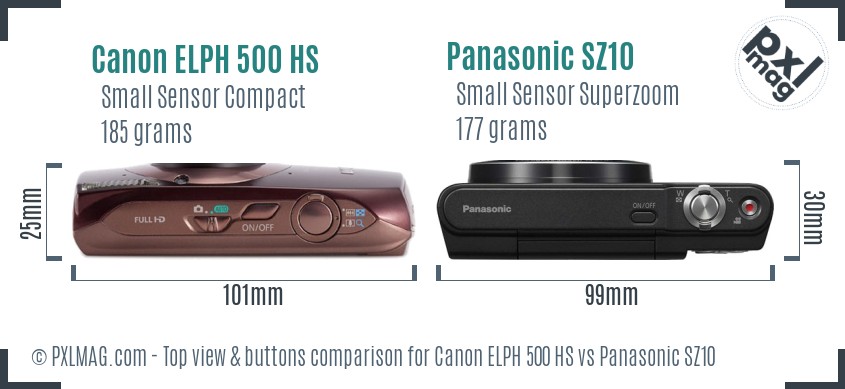 Canon ELPH 500 HS vs Panasonic SZ10 top view buttons comparison