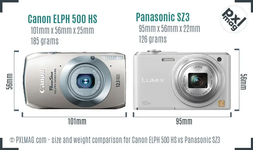 Canon ELPH 500 HS vs Panasonic SZ3 size comparison Canon ELPH 500 HS vs Panasonic SZ3 size comparison