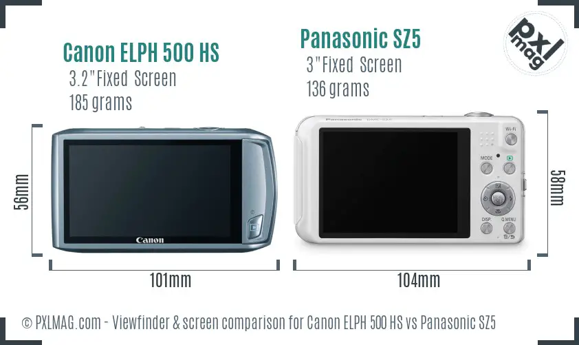 Canon ELPH 500 HS vs Panasonic SZ5 Screen and Viewfinder comparison