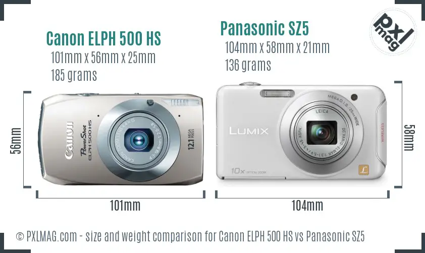 Canon ELPH 500 HS vs Panasonic SZ5 size comparison