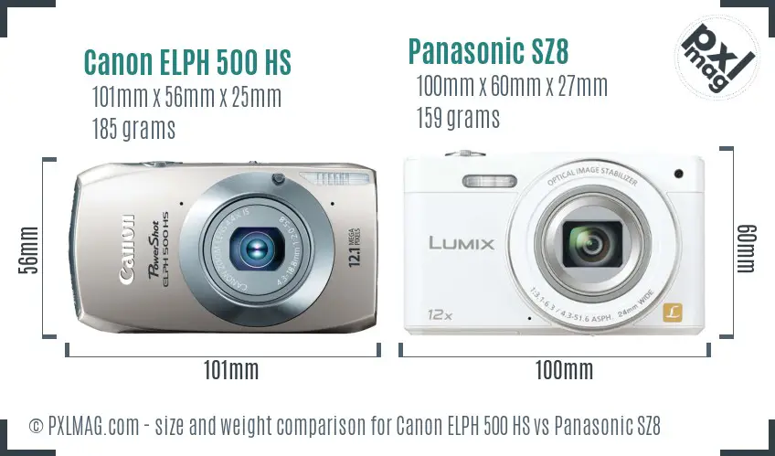 Canon ELPH 500 HS vs Panasonic SZ8 size comparison