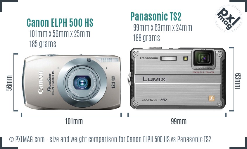 Canon ELPH 500 HS vs Panasonic TS2 size comparison