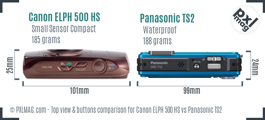 Canon ELPH 500 HS vs Panasonic TS2 top view buttons comparison