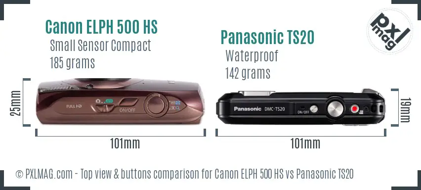 Canon ELPH 500 HS vs Panasonic TS20 top view buttons comparison Canon ELPH 500 HS vs Panasonic TS20 top view buttons comparison