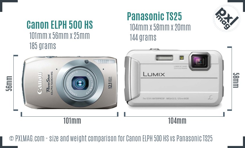Canon ELPH 500 HS vs Panasonic TS25 size comparison