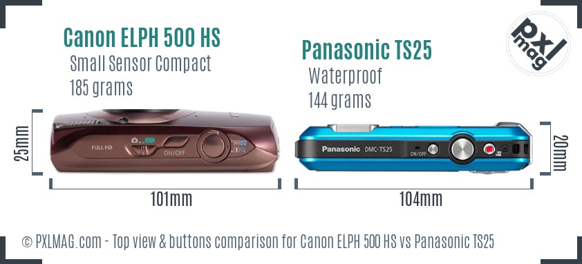 Canon ELPH 500 HS vs Panasonic TS25 top view buttons comparison