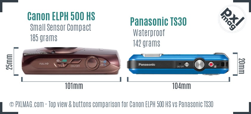 Canon ELPH 500 HS vs Panasonic TS30 top view buttons comparison