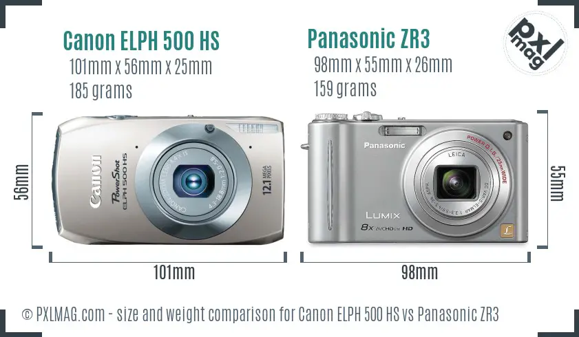 Canon ELPH 500 HS vs Panasonic ZR3 size comparison Canon ELPH 500 HS vs Panasonic ZR3 size comparison
