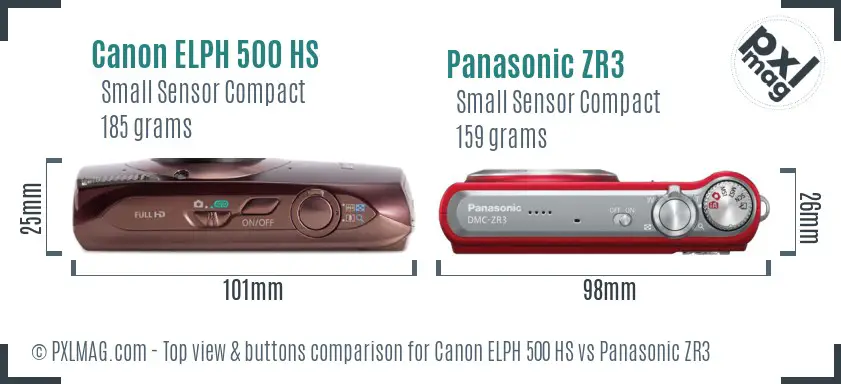 Canon ELPH 500 HS vs Panasonic ZR3 top view buttons comparison Canon ELPH 500 HS vs Panasonic ZR3 top view buttons comparison