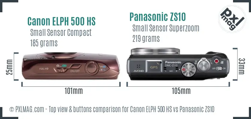 Canon ELPH 500 HS vs Panasonic ZS10 top view buttons comparison